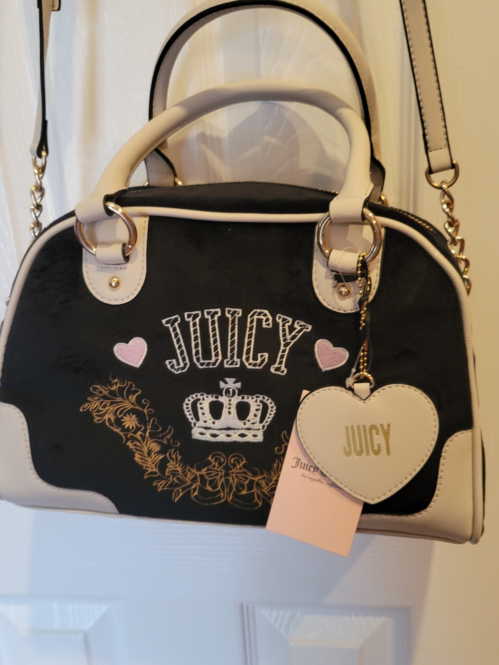 Juicy Couture Black Satchel with Cream Trim & Pink Accents